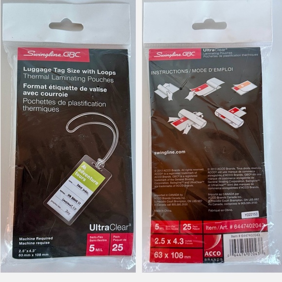 ๐ 3/$21 NEW Swingline GBC Thermal Laminating Pouches, Luggage Tag Size 25-Pack - Picture 2 of 6